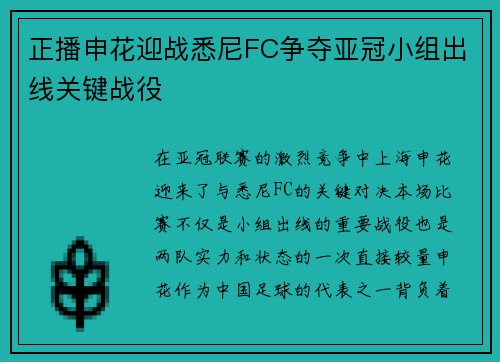 正播申花迎战悉尼FC争夺亚冠小组出线关键战役